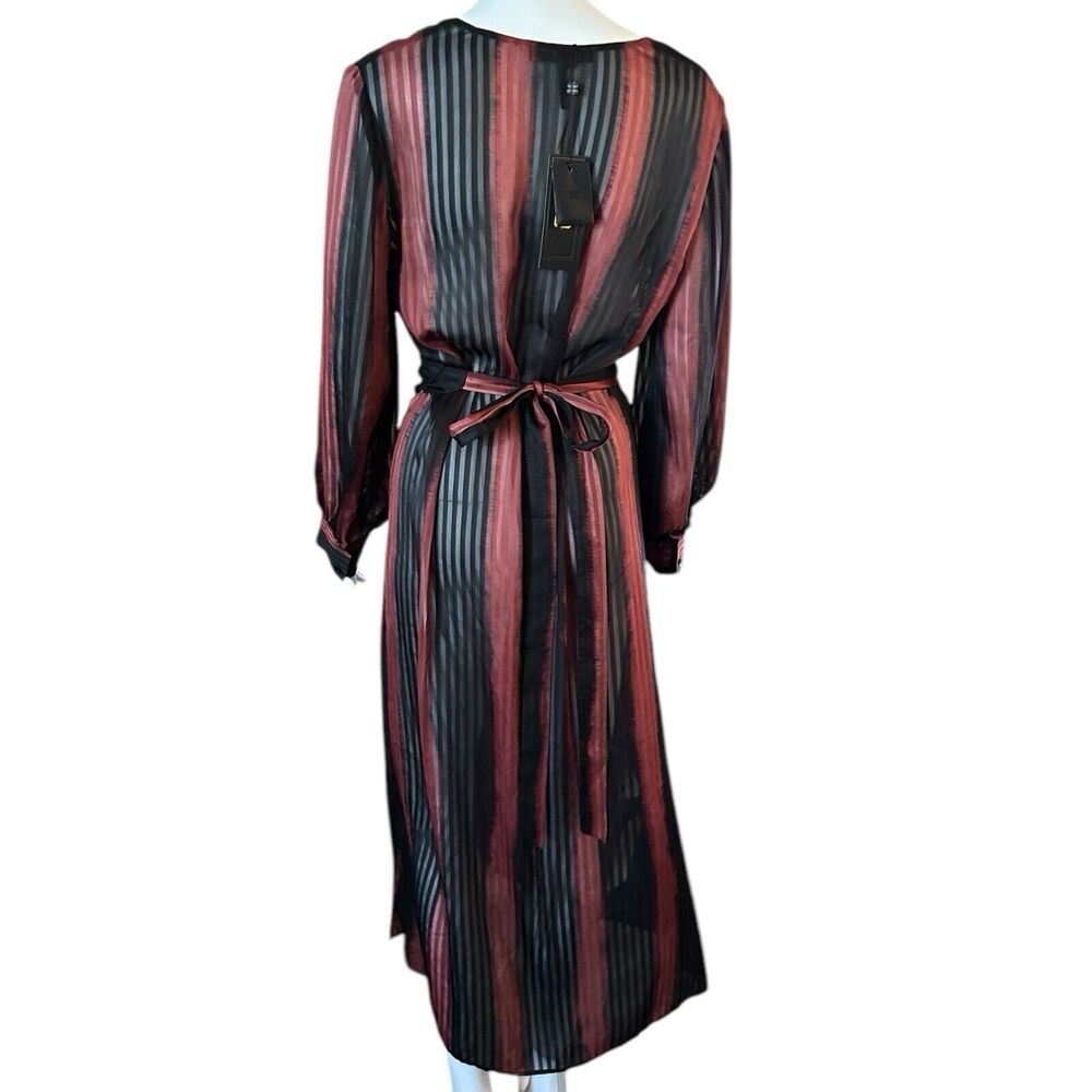 NEW BCBGMAXAZRIA S Sheer Stripe Ombre Midi Dress V-Neck Tie Waist Removable Belt - Picture 4 of 14